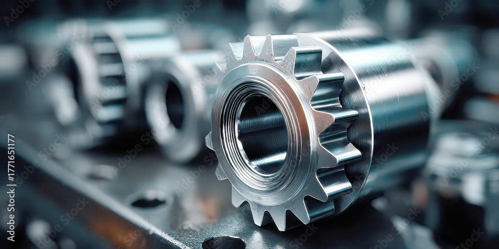 Fototapeta premium Shiny Chrome Spur Gear and Shaft Component with Blurred Industrial Background