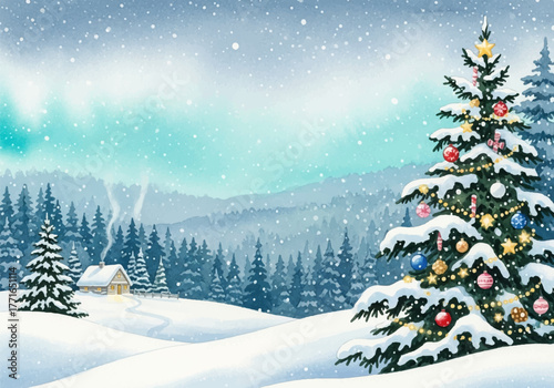 Enchanting holiday winter landscape background watercolor illustration of a snow-covered forest with a decorated Christmas tree and cozy cabin under the aurora borealis