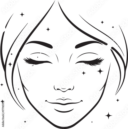 Radiant female face with sparkling glow emphasizing healthy skin and beauty icon