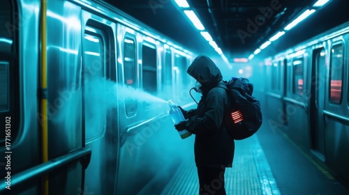 Hooded Person Sprays Disinfectant in Subway Station Car Interior With Intense Blue Lighting and Safety Gear at Night