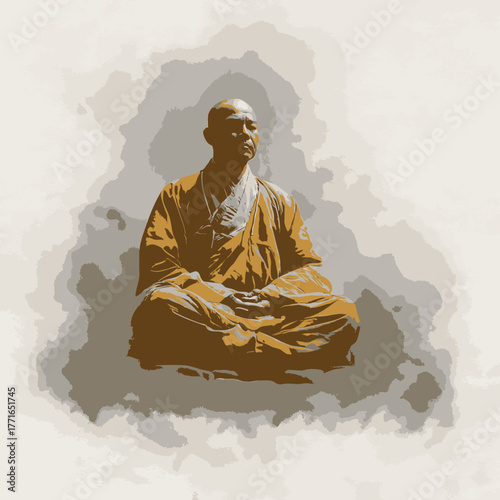 A monk meditating peacefully in a lotus position with eyes closed.