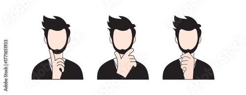 Thinking Man Hand Gesture Set – Flat Vector Illustration of Male Expressions