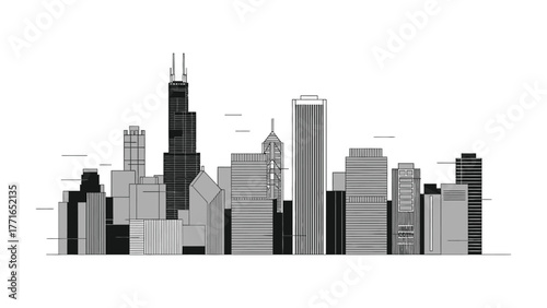 Urban Silhouette: A captivating monochrome image of a modern city skyline. It showcases towering skyscrapers and diverse architecture in a sleek, minimalist style.