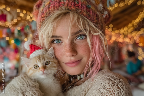 Girl with vibrant neon hair holds cat wearing Santa hat against festive lighting background capturing Gen Z Christmas celebration for youth marketing social media content or modern holiday campaigns