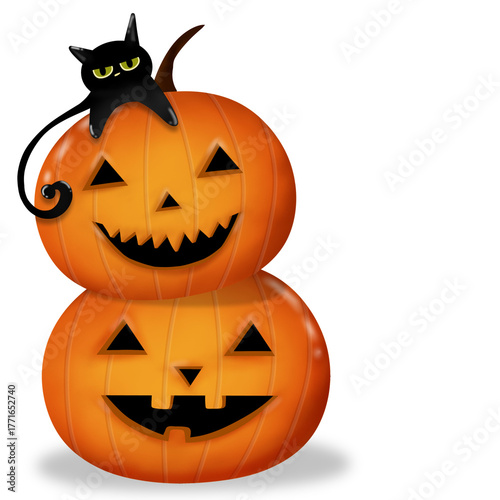 Cute Black Cat on Pumpkin Stack illustration 