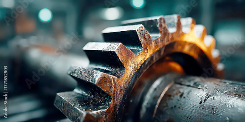 Extreme Close-Up of Rusted Oily Spur Gear on a Shaft with Warm Industrial Light