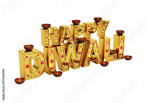 Diwali festival of lights decorative word art with lit diyas isolated on transparent background