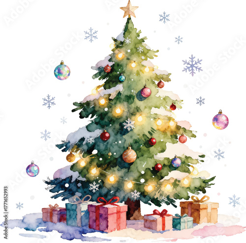 Watercolor Illustration of Decorated Christmas Tree with Gifts and Snowflakes