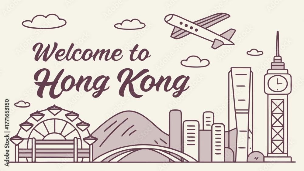 Fototapeta premium Hong kong skyline showcases iconic landmarks and bustling transport. Perfect for travel websites, brochures, city guides, and promotional materials.