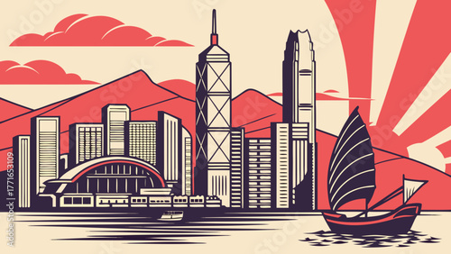 Hong kong skyline with a traditional junk boat sailing past is suitable for travel brochures, tourism websites, and cultural publications.