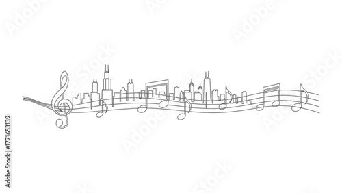 Harmony in Urban Rhythm: The silhouette of a cityscape dances along musical notation, merging the structured lines of buildings with the flowing melody of music, evoking a sense of urban harmony.