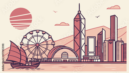 Hong kong skyline showcases iconic buildings and vibrant urban landscape, suitable for travel blogs, city guides, and tourism advertisements.