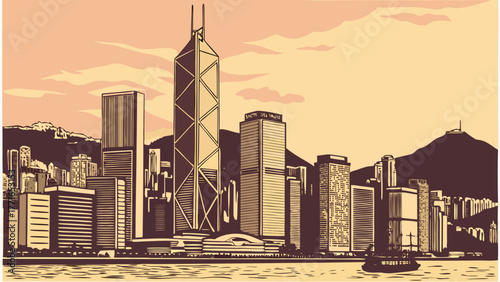 Hong kong skyline with skyscrapers  mountains on a clear day. Ideal for travel guides, cityscape articles, and business presentations.