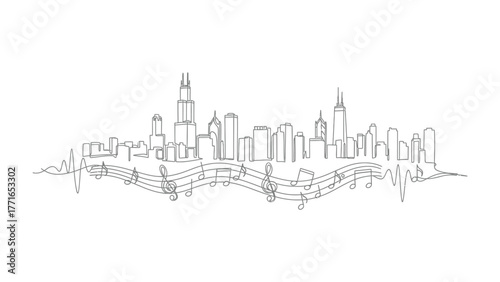 Chicago Skyline Symphony: An artistic depiction of the Chicago skyline, seamlessly interwoven with musical notes and sound waves, evoking the city's vibrant spirit.
