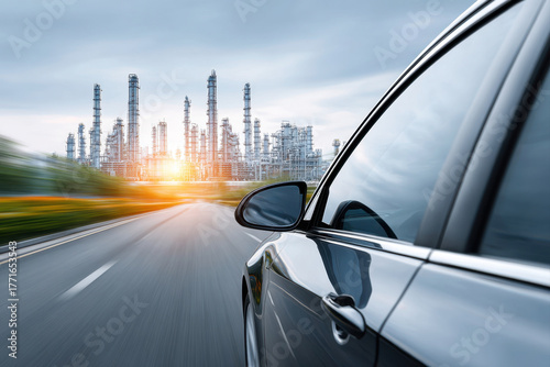 Sleek black car driving fast on highway with industrial refinery in background under cloudy sky at sunset
