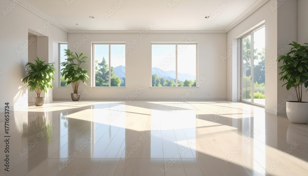 Fototapeta premium Chic living room with a large window allowing sunshine to brighten the clean shiny floor and open atmosphere
