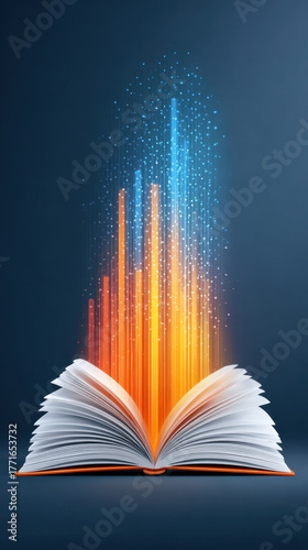 Glowing open book with vibrant orange and blue holographic light beams rising upward, symbolizing knowledge and digital information