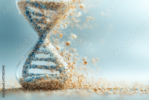 Futuristic life expectancy, longevity science concept with DNA helix and hourglass.