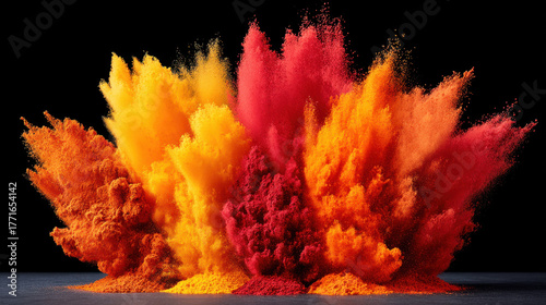 Colorful powder explosion with vibrant red, orange, and yellow pigments bursting dynamically black background, creating energetic and vivid visual
