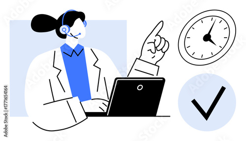 Female support agent with a headset working on a laptop, pointing at a clock with a checklist. Ideal for customer service, task management, time efficiency, productivity, remote work, team