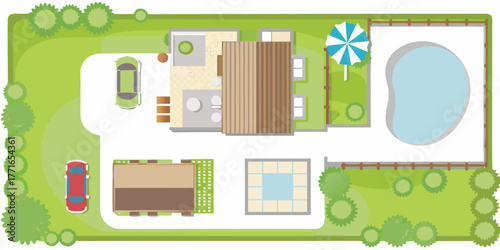 Top down view of a modern house with a swimming pool garden and cars in the driveway
