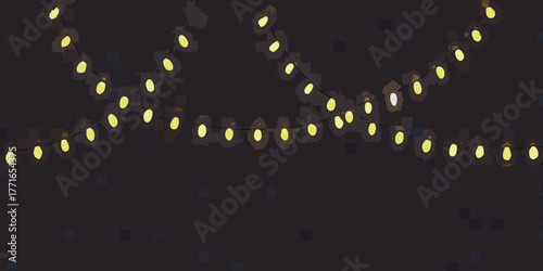 Festive yellow string lights glowing softly against a dark textured background with subtle square patterns