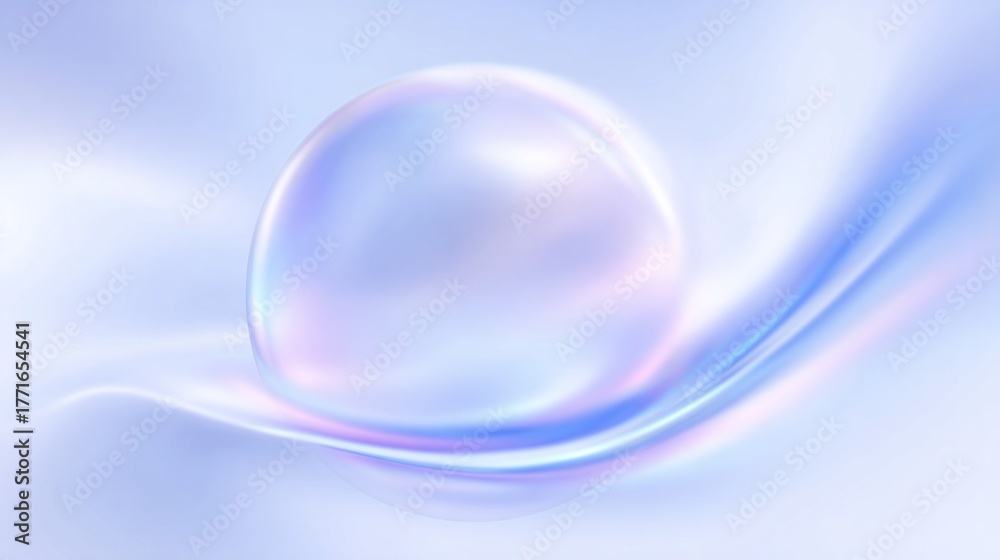 Obraz premium Luminous iridescent sphere rests upon a flowing, ethereal blue surface
