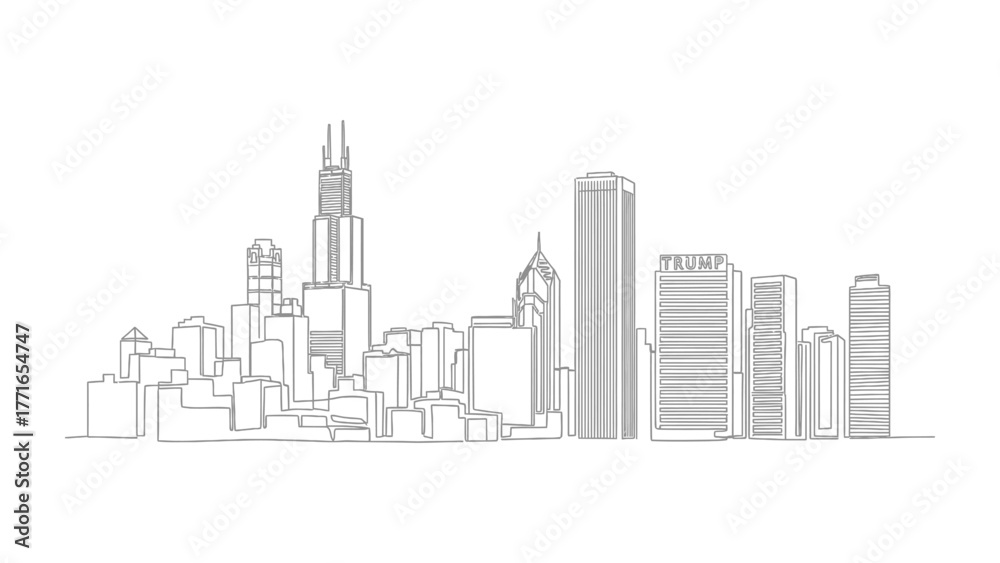 Fototapeta premium Urban Silhouette: A minimalist monochrome depiction of a sprawling cityscape, showcasing architectural grandeur and a sense of metropolitan energy.