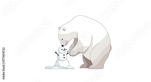 Polar bear playing with snowman and having fun in winter scene  