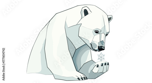 Polar bear fascinated by snowflake resting on its paw in winter  