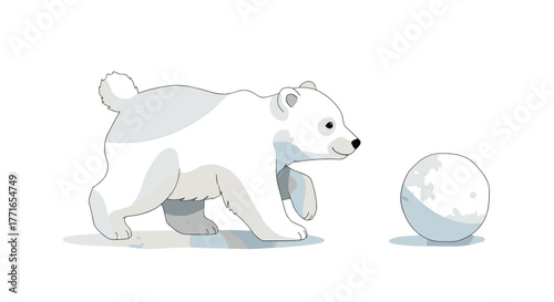 Happy polar bear cub chasing a snowball in snowy landscape  