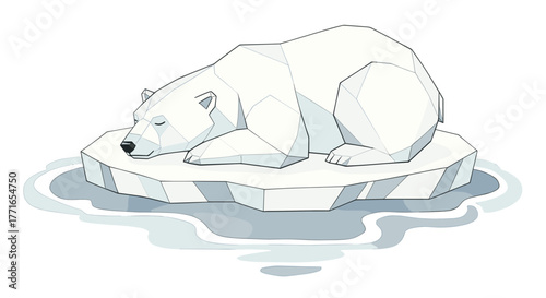 Polar bear sleeping on ice floe in minimalist geometric style  