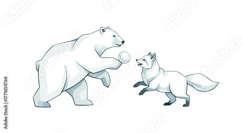 Happy polar bear playing with snowballs alongside an arctic fox  
