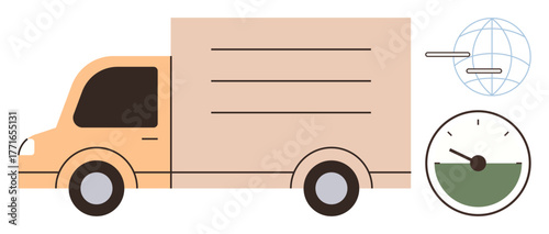 Delivery truck moving alongside a globe and speedometer graphic emphasizing quick global shipping, freight, and transportation. Ideal for logistics, commerce, delivery, globalization, efficiency