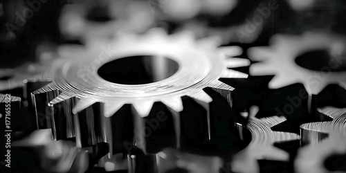 Black and White Macro Close-up of Interlocking Metal Cogwheels and Gear Mechanism