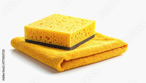 Isolated image of a yellow cleaning cloth and sponge set on a white background for advertising and promotional use