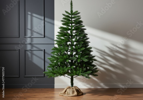 Fototapeta Naklejka Na Ścianę i Meble -  Upright artificial evergreen centerpiece stands ready for decoration in an interior space