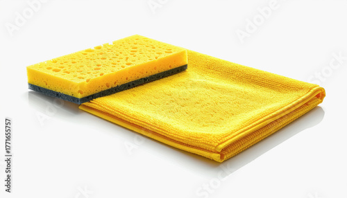 A bright yellow microfiber cleaning cloth featured with an isolated sponge on a white background for marketing purposes