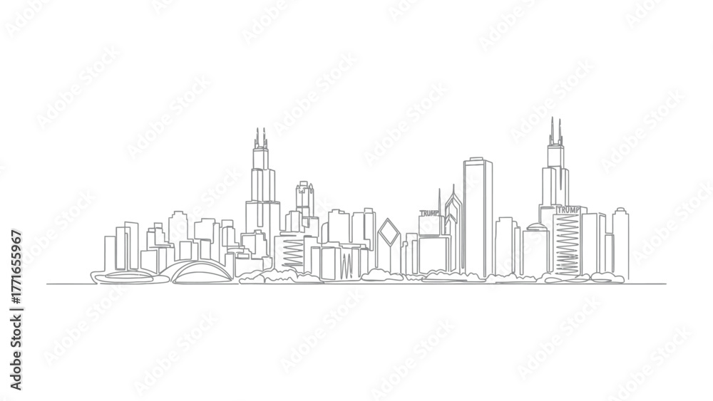 Obraz premium Chicago Skyline: A minimalistic line drawing showcases the iconic Chicago skyline, with its diverse architectural marvels reaching towards the heavens.
