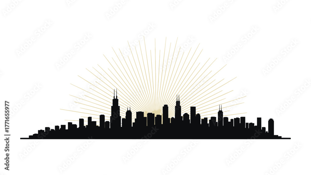 Naklejka premium City Silhouette against the Rising Sun: The imposing silhouette of a city skyline is cast against the radiant burst of the rising sun.