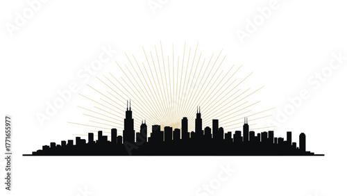 City Silhouette against the Rising Sun: The imposing silhouette of a city skyline is cast against the radiant burst of the rising sun.