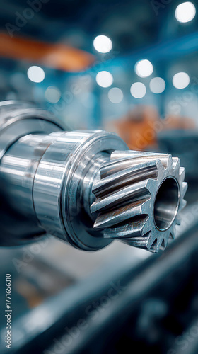 Close-up Vertical of Splined Metal Shaft Gear in Factory with Blue Light Bokeh