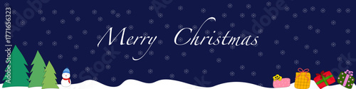 Merry Christmas Winter Banner with Snowman, Pine Trees, Snowflakes, and Gift Boxes on Dark Blue Background vector hand drawn 
