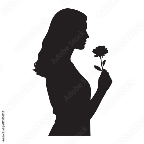  A silhouette of a woman with a flower in her hand silhouette white background. 