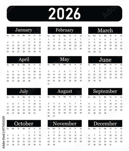 Clean black and white 2026 calendar grid layout. Calendar for the year 2026 displayed clearly