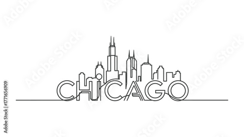 Chicago Skyline: An elegant line art depiction of Chicago's iconic skyline, with the city's name integrated seamlessly, capturing the essence of the urban landscape.