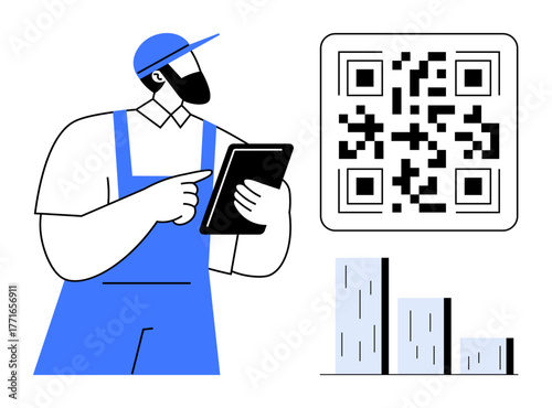 Blue overall worker using tablet to scan QR code near a bar chart to represent digital logistics. Ideal for technology, efficiency, delivery, warehouse, barcode use, analytics, automation. Simple