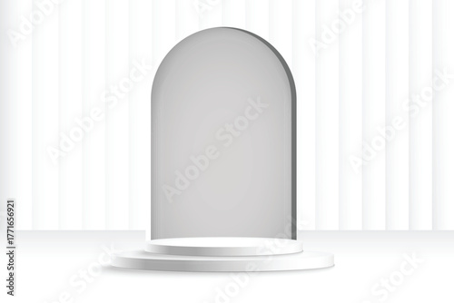 White minimalist 3D podium with arch background for product presentation. Modern empty stage or pedestal for cosmetic showcase and award ceremony