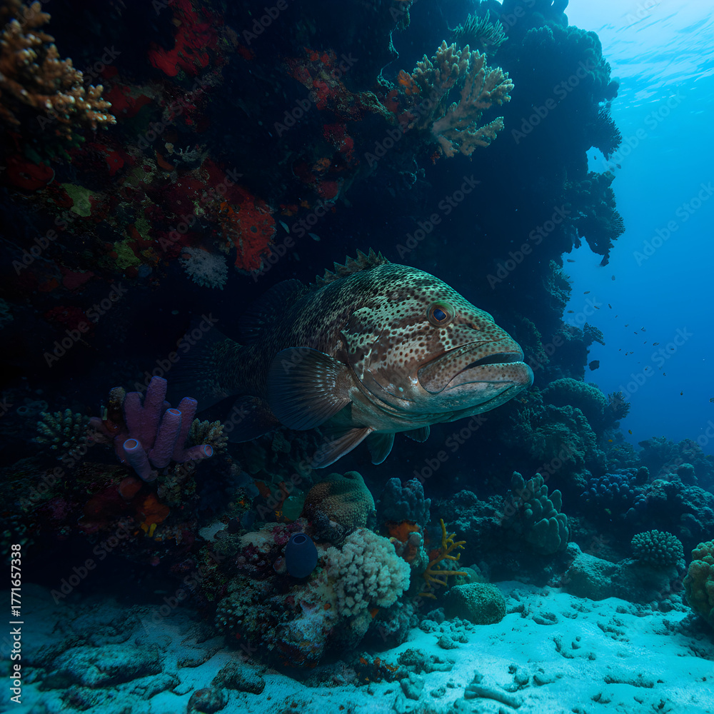 Fototapeta premium Large grouper fish rests in colorful coral reef underwater.