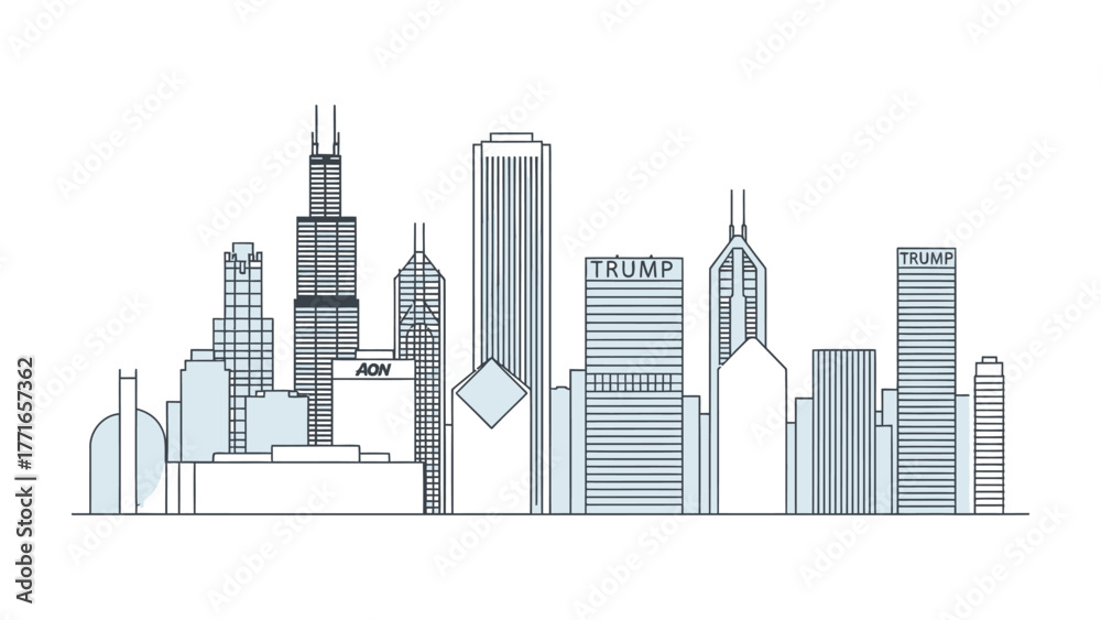 Obraz premium Cityscape Silhouette: An architectural line-up showcasing iconic skyscrapers and buildings. Reflecting the urban landscape and design.